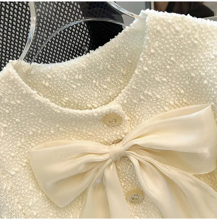 Satin Bow Short Sleeve Cardigan | Women’s Cropped Knit Top | Elegant Evening Sweater