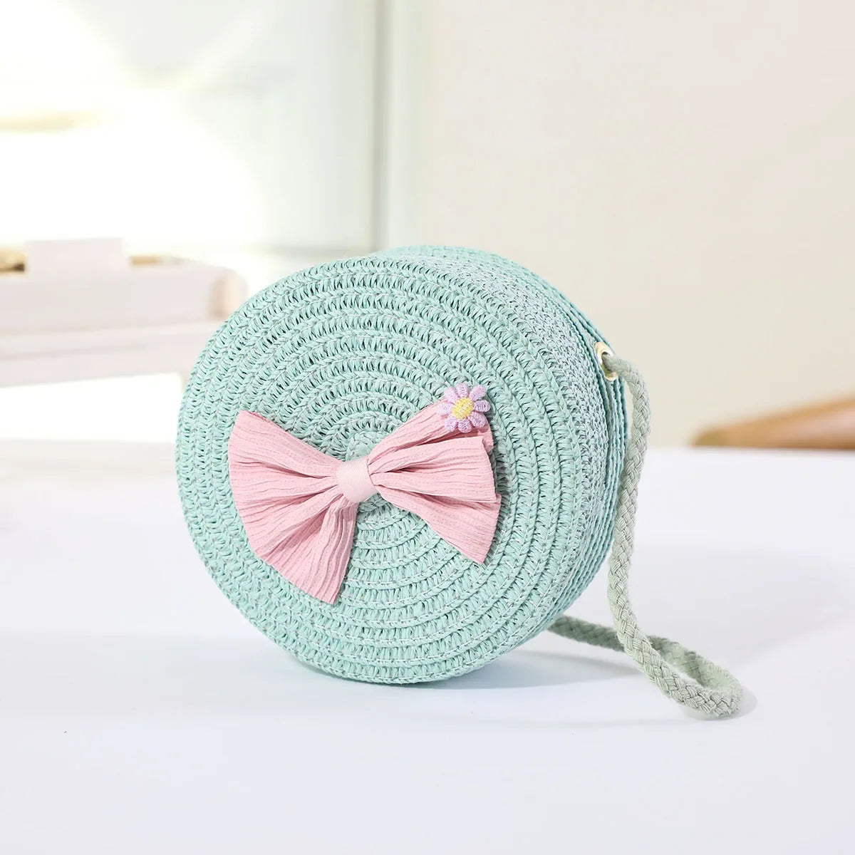 Girls Straw Bow Crossbody Bag | Kids Round Purse | Cute Toddler Handbag