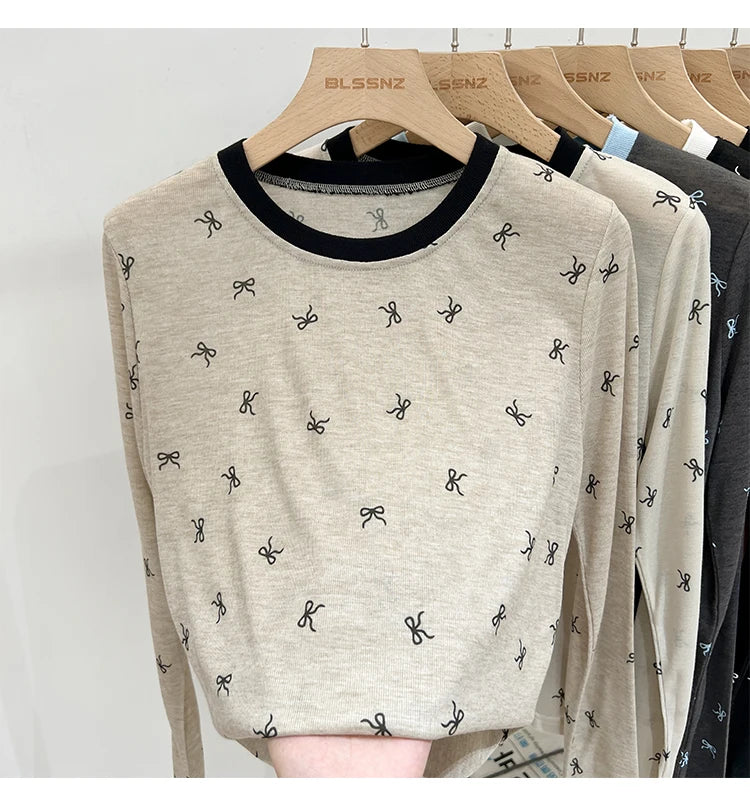 All-Over Bow Print Long Sleeve Top | Women’s Cute Pattern Shirt | Casual Everyday Tee