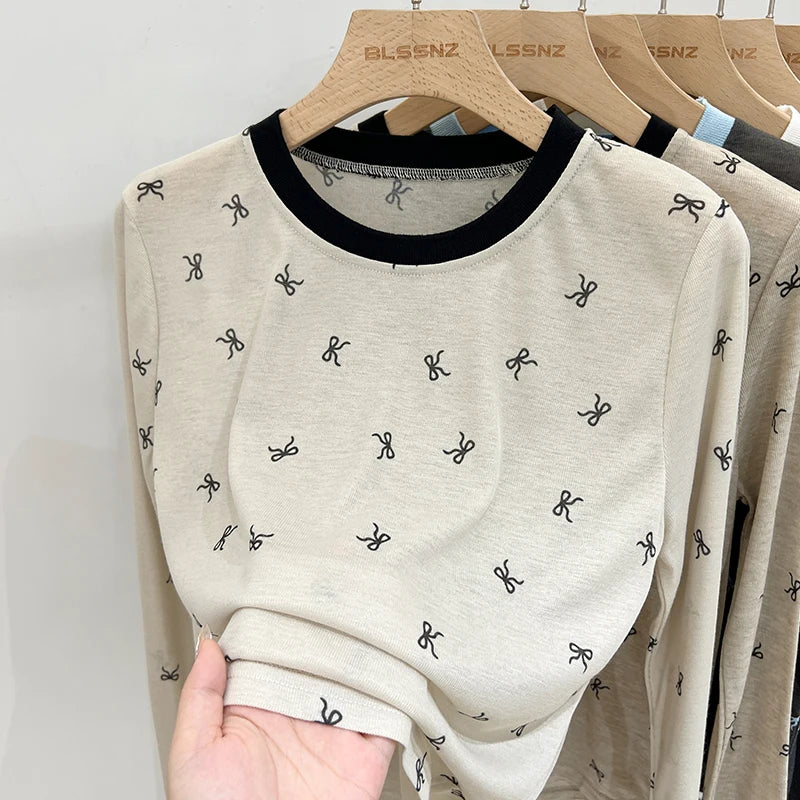 All-Over Bow Print Long Sleeve Top | Women’s Cute Pattern Shirt | Casual Everyday Tee