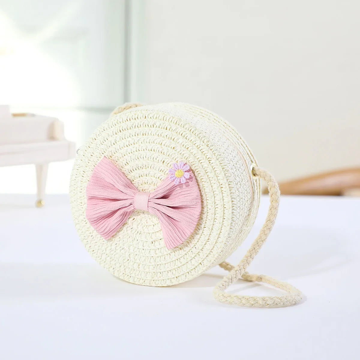 Girls Straw Bow Crossbody Bag | Kids Round Purse | Cute Toddler Handbag
