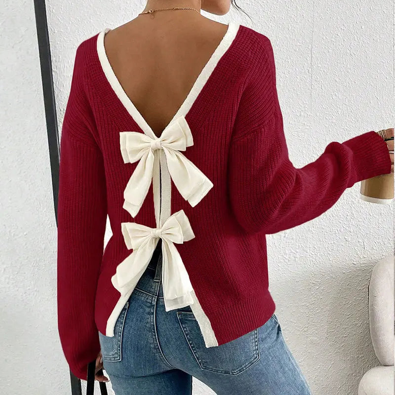 Back Bow Tie Sweater | Women’s Reversible Knit Top | Feminine V-Back Pullover