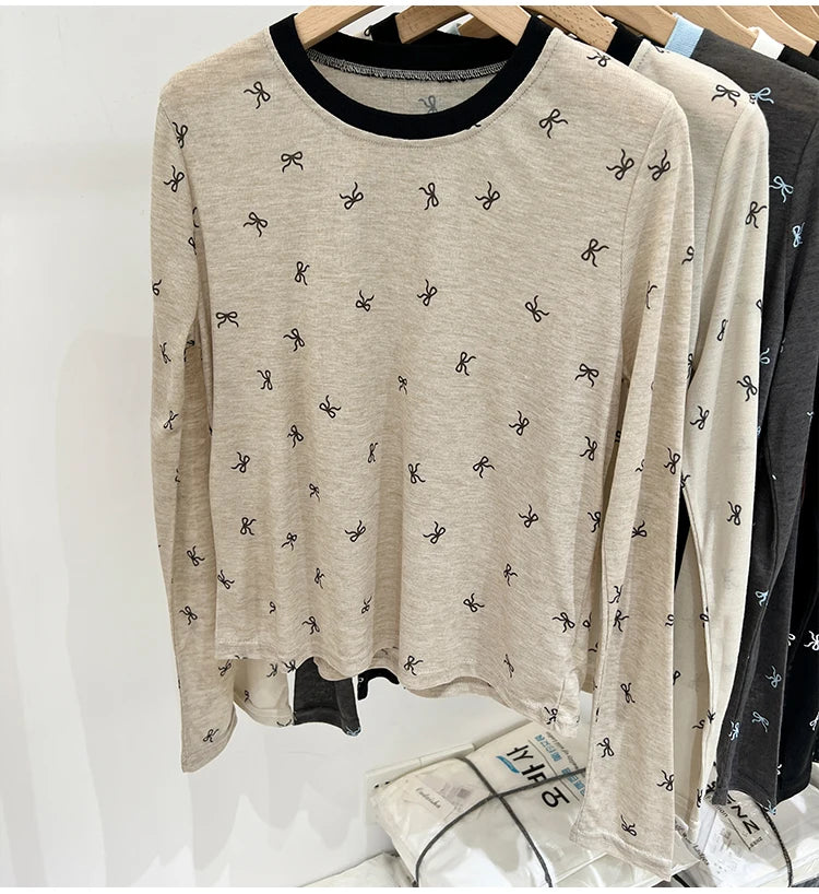 All-Over Bow Print Long Sleeve Top | Women’s Cute Pattern Shirt | Casual Everyday Tee