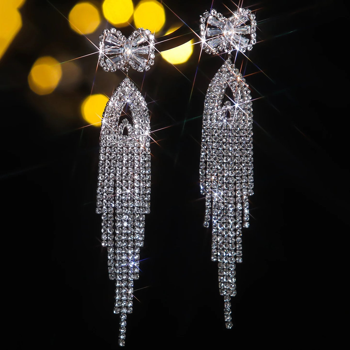 Crystal Bow Tassel Drop Earrings | Glamorous Chandelier Earrings | Statement Party Jewelry