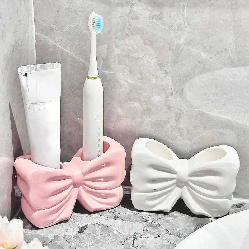 Bow Ceramic Toothbrush Holder – Cute Bathroom Storage Accessory