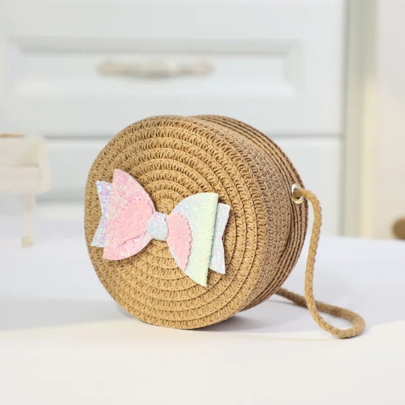 Girls Straw Bow Crossbody Bag | Kids Round Purse | Cute Toddler Handbag
