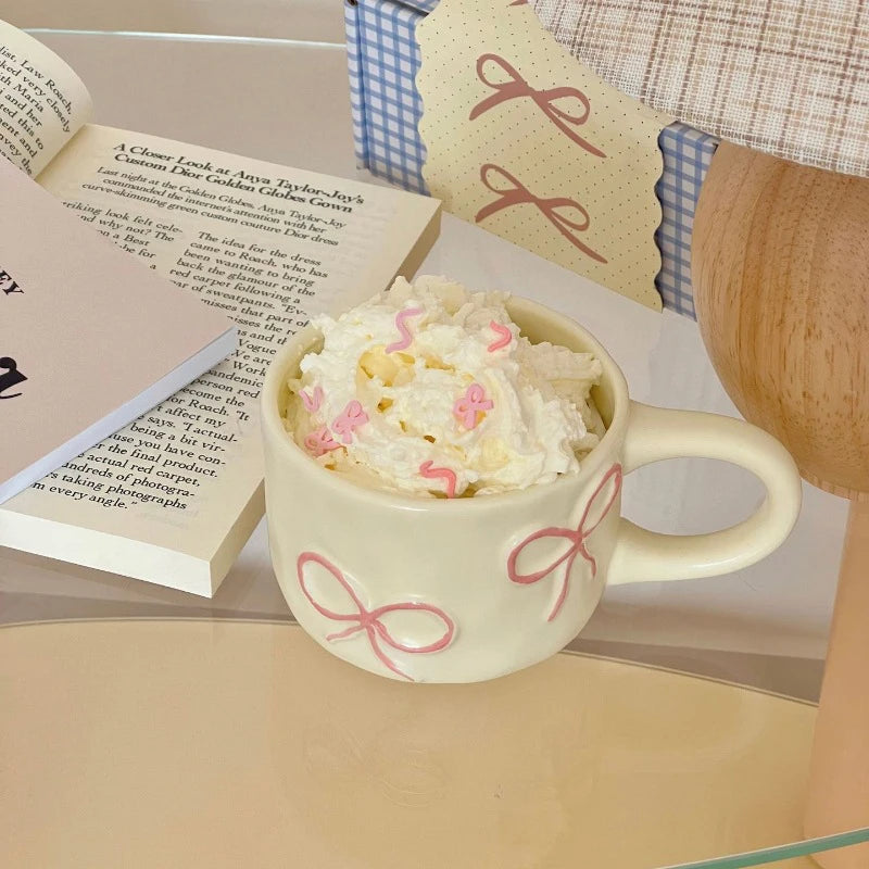 Ceramic Bow Mug in Pink - Cute Coffee Mug with Hand-Painted Ribbon Design