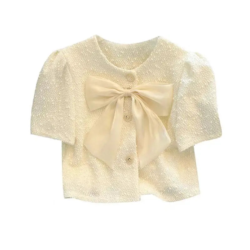 Satin Bow Short Sleeve Cardigan | Women’s Cropped Knit Top | Elegant Evening Sweater