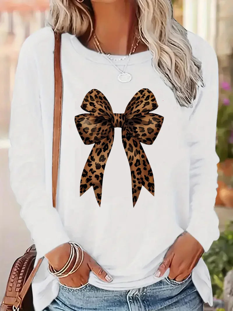 Leopard Bow Graphic Tee | Women’s Animal Print T-Shirt | Trendy Long Sleeve Top