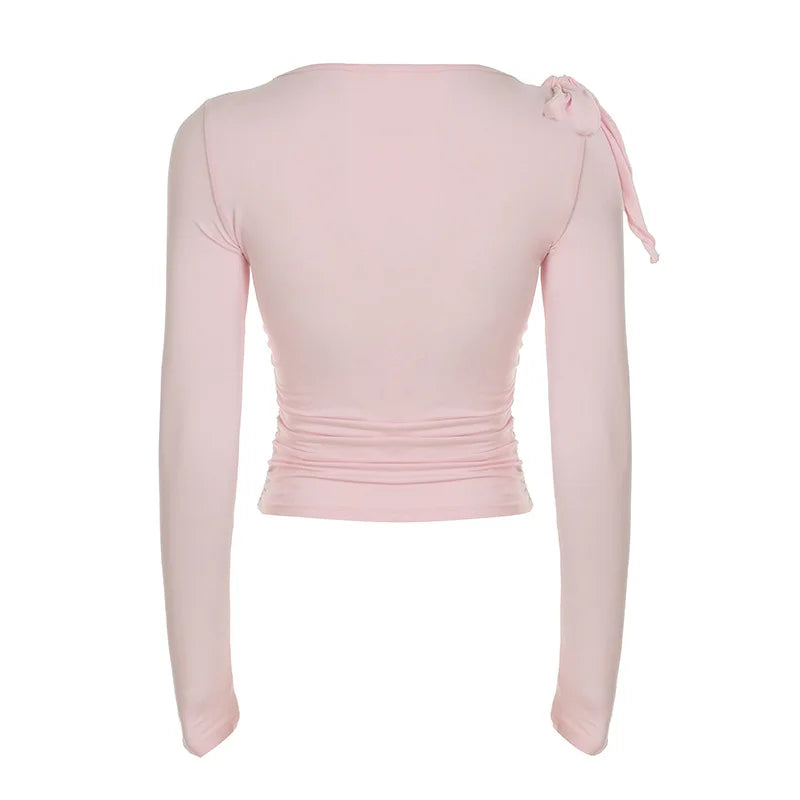 Cropped Shoulder Bow Long Sleeve Top | Women’s Fitted Crew Neck Shirt | Feminine Casual Top