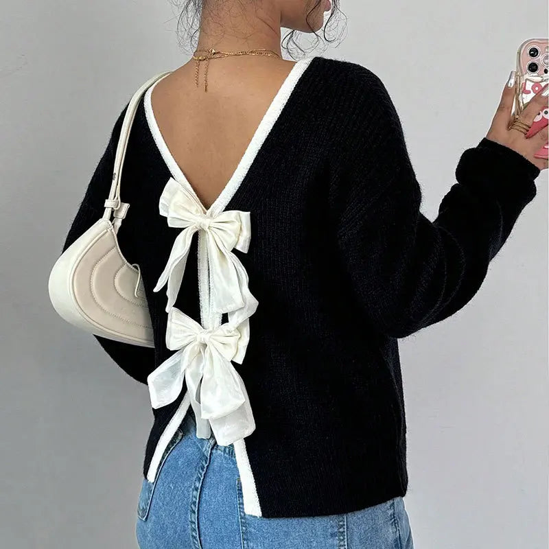 Back Bow Tie Sweater | Women’s Reversible Knit Top | Feminine V-Back Pullover