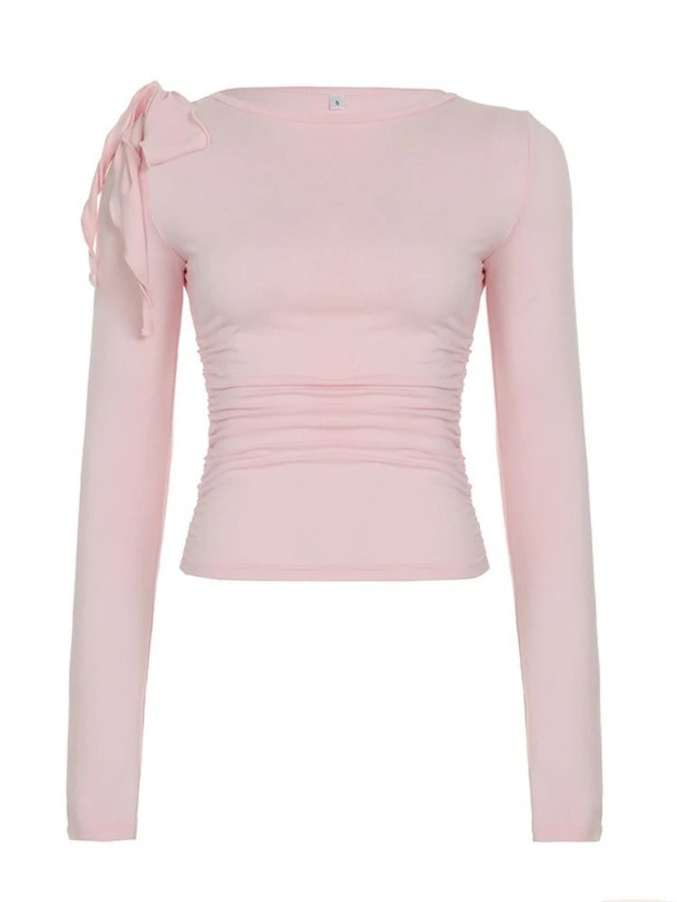 Cropped Shoulder Bow Long Sleeve Top | Women’s Fitted Crew Neck Shirt | Feminine Casual Top