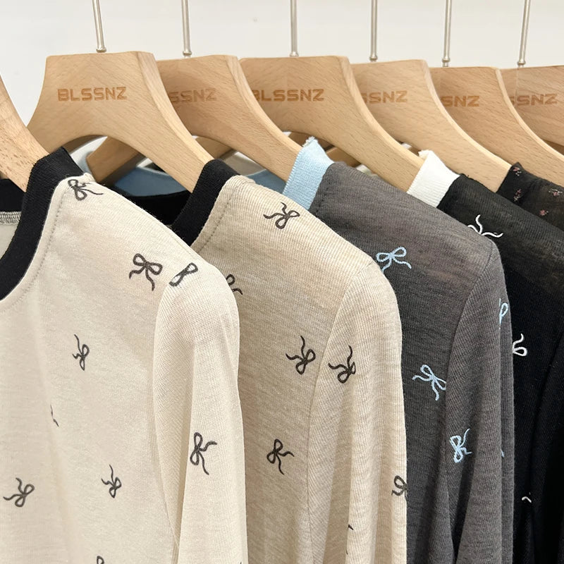 All-Over Bow Print Long Sleeve Top | Women’s Cute Pattern Shirt | Casual Everyday Tee