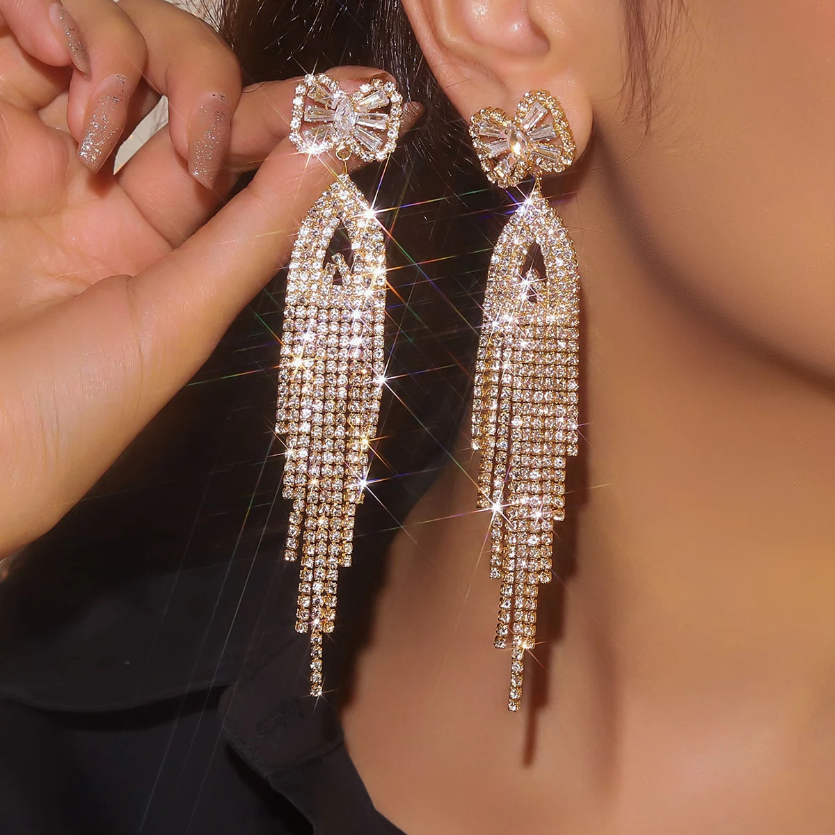 Crystal Bow Tassel Drop Earrings | Glamorous Chandelier Earrings | Statement Party Jewelry
