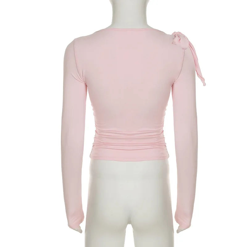 Cropped Shoulder Bow Long Sleeve Top | Women’s Fitted Crew Neck Shirt | Feminine Casual Top