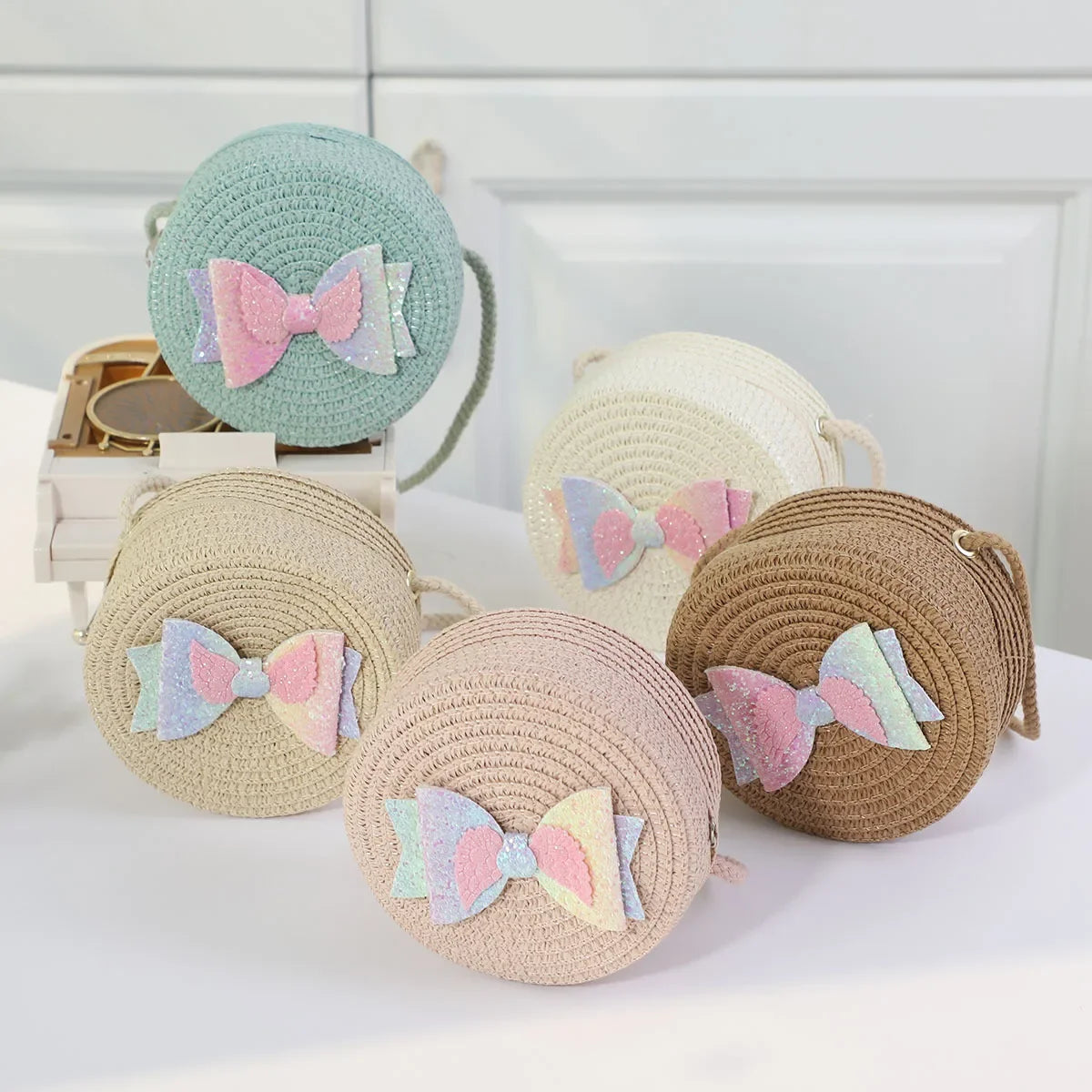 Girls Straw Bow Crossbody Bag | Kids Round Purse | Cute Toddler Handbag