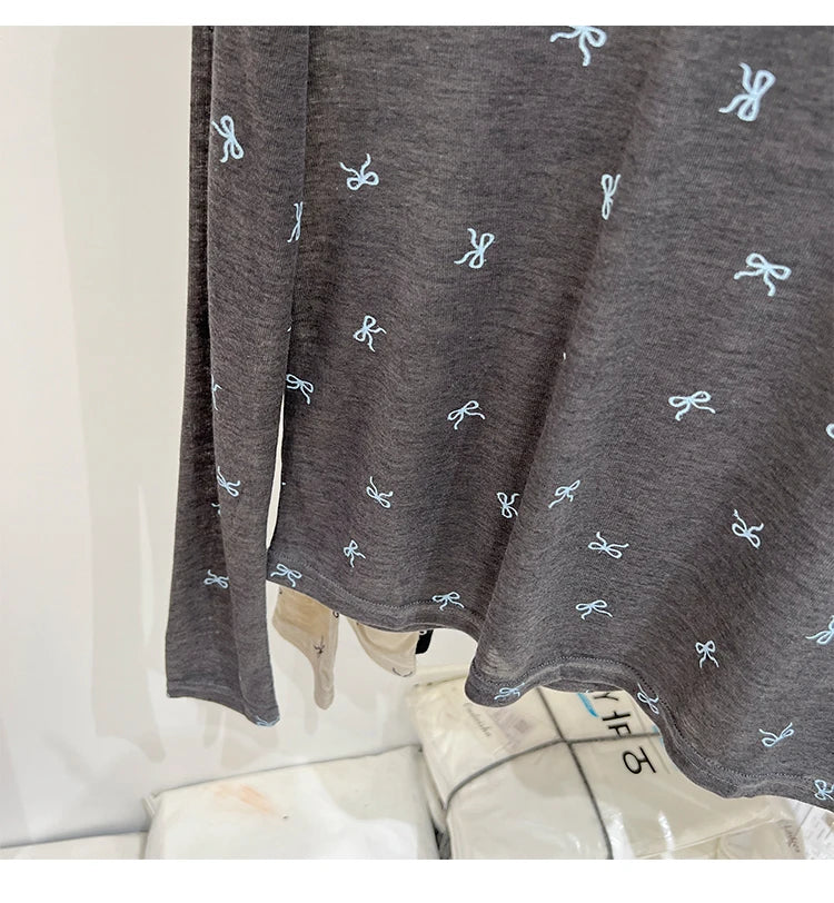 All-Over Bow Print Long Sleeve Top | Women’s Cute Pattern Shirt | Casual Everyday Tee