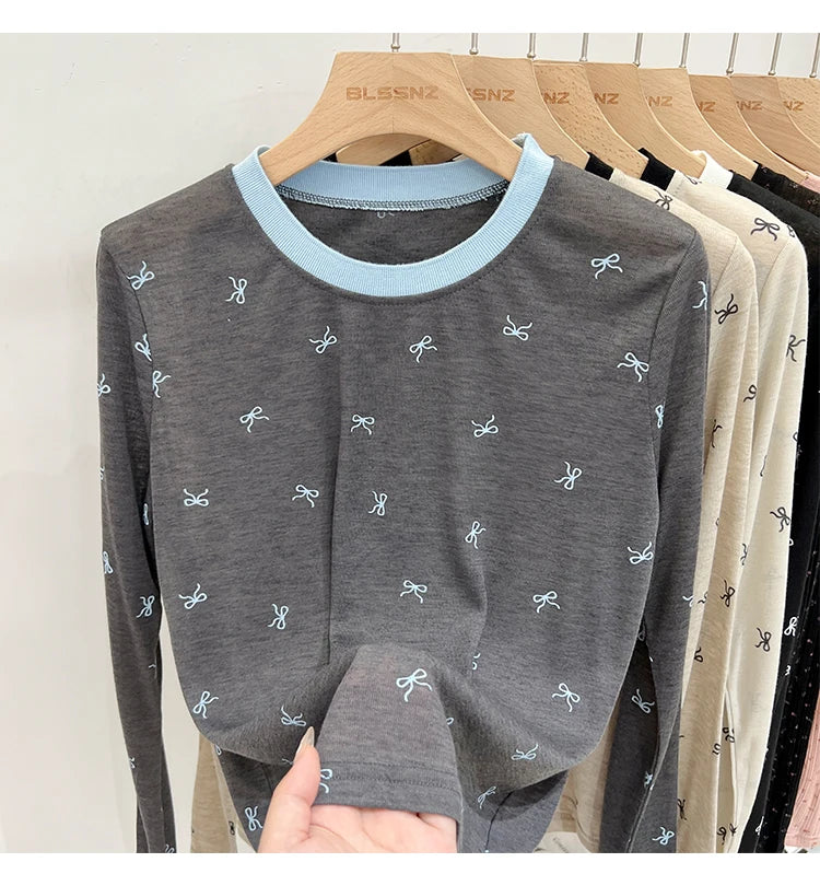 All-Over Bow Print Long Sleeve Top | Women’s Cute Pattern Shirt | Casual Everyday Tee