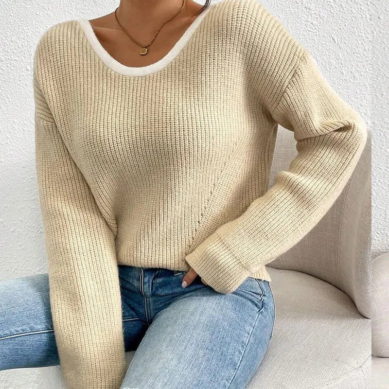 Back Bow Tie Sweater | Women’s Reversible Knit Top | Feminine V-Back Pullover