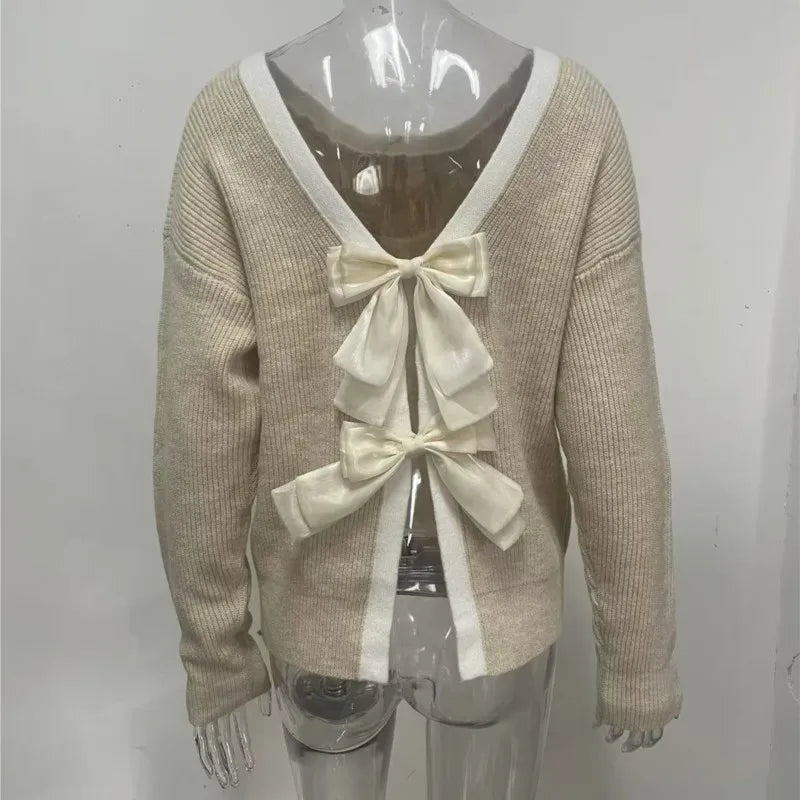 Back Bow Tie Sweater | Women’s Reversible Knit Top | Feminine V-Back Pullover