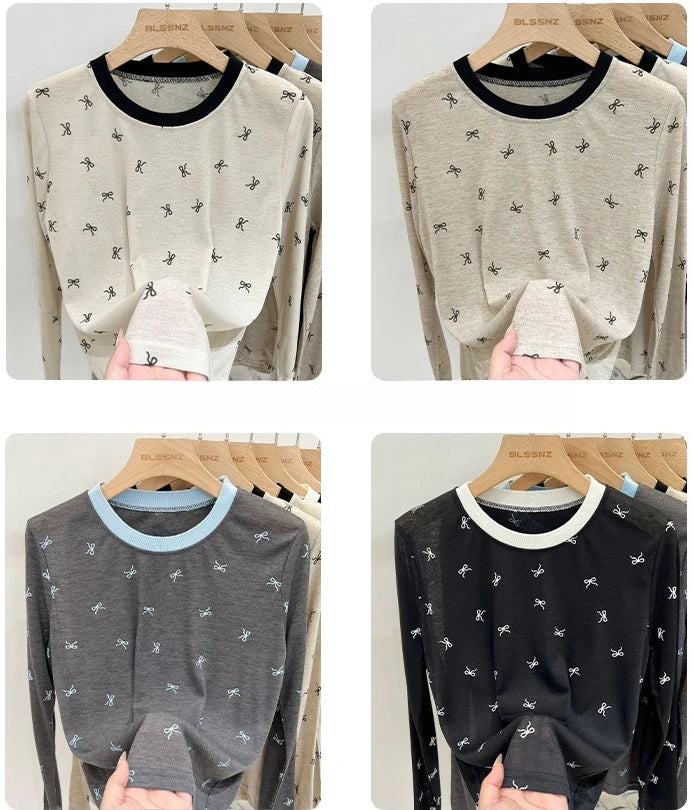 All-Over Bow Print Long Sleeve Top | Women’s Cute Pattern Shirt | Casual Everyday Tee