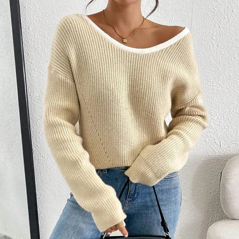 Back Bow Tie Sweater | Women’s Reversible Knit Top | Feminine V-Back Pullover