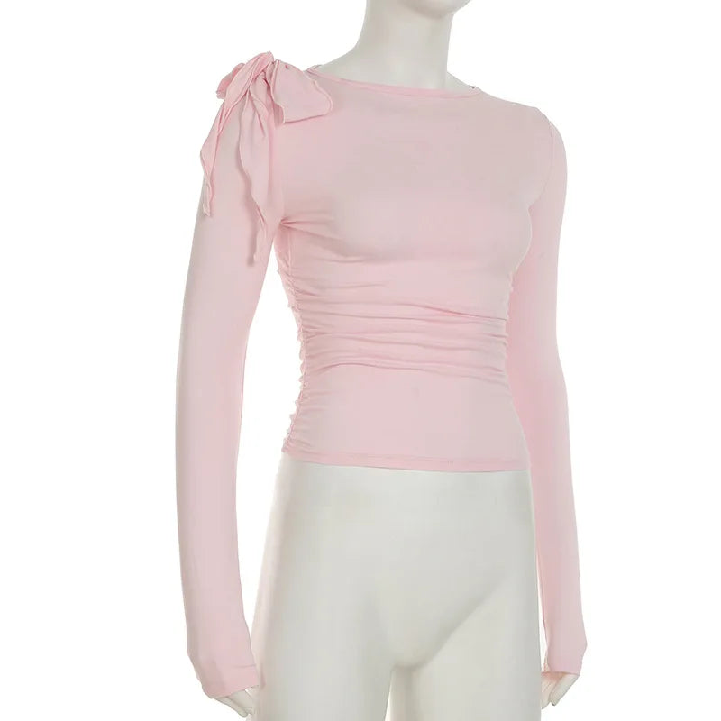 Cropped Shoulder Bow Long Sleeve Top | Women’s Fitted Crew Neck Shirt | Feminine Casual Top