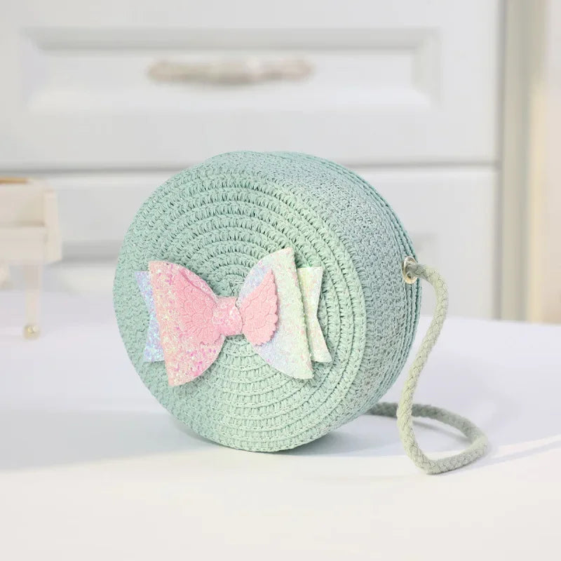 Girls Straw Bow Crossbody Bag | Kids Round Purse | Cute Toddler Handbag