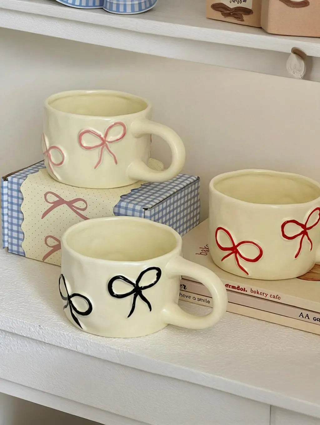 Ceramic Bow Mug in Pink - Cute Coffee Mug with Hand-Painted Ribbon Design