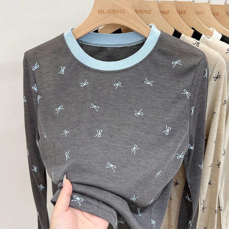 All-Over Bow Print Long Sleeve Top | Women’s Cute Pattern Shirt | Casual Everyday Tee