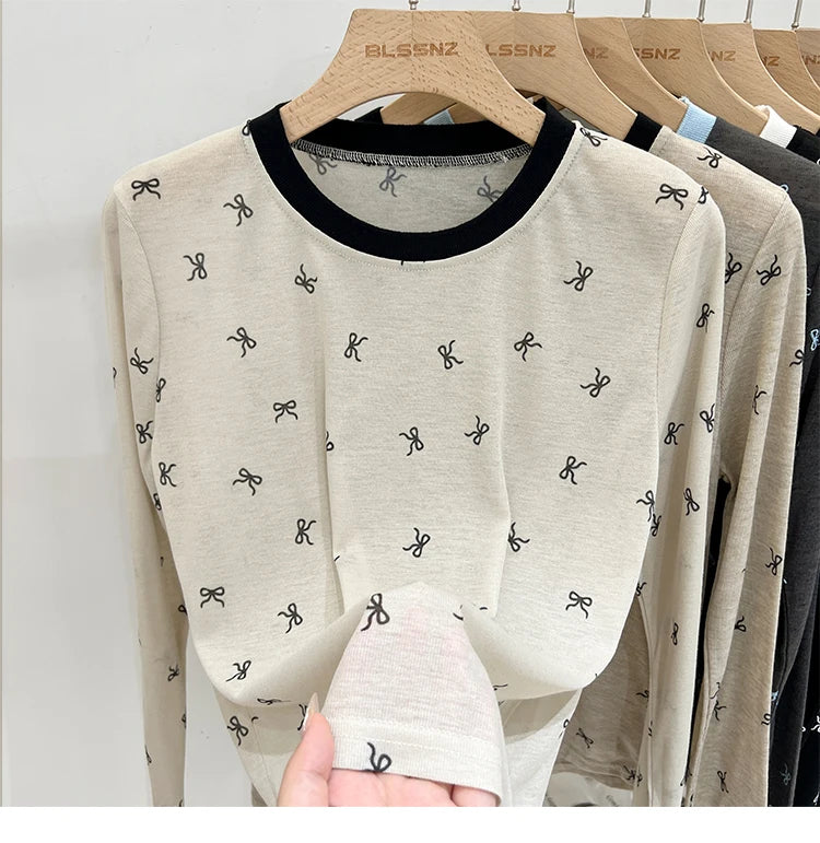 All-Over Bow Print Long Sleeve Top | Women’s Cute Pattern Shirt | Casual Everyday Tee