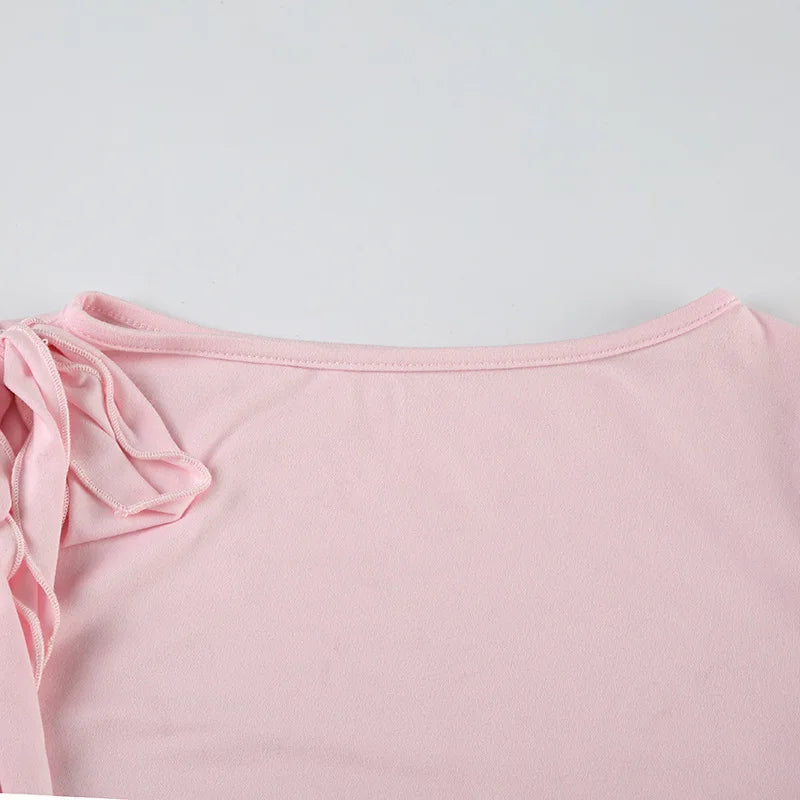 Cropped Shoulder Bow Long Sleeve Top | Women’s Fitted Crew Neck Shirt | Feminine Casual Top