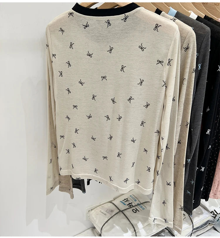 All-Over Bow Print Long Sleeve Top | Women’s Cute Pattern Shirt | Casual Everyday Tee
