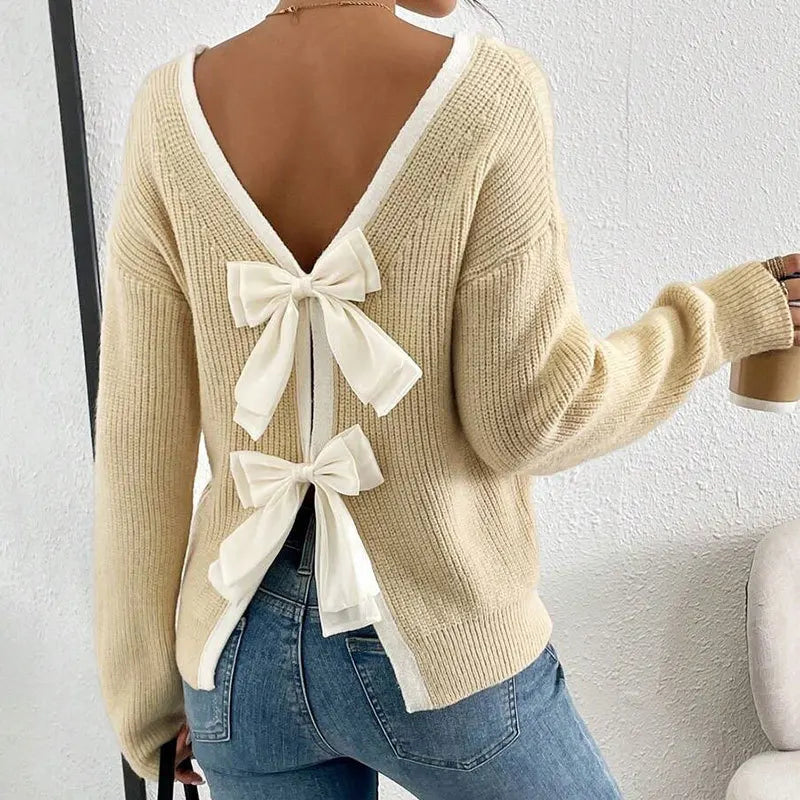 Back Bow Tie Sweater | Women’s Reversible Knit Top | Feminine V-Back Pullover