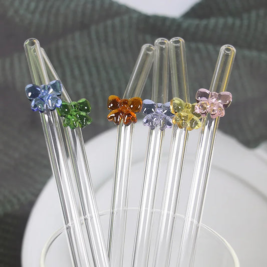 Coloured Glass Drinking Straws with Colorful Bow Tops - Reusable Eco-Friendly Straws Set