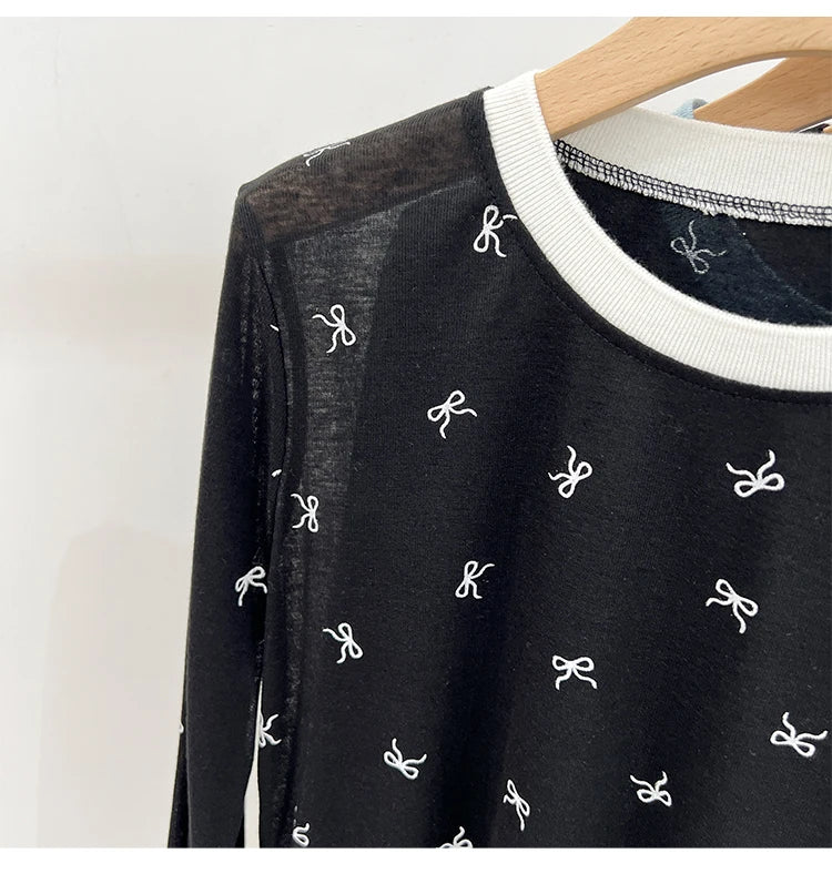 All-Over Bow Print Long Sleeve Top | Women’s Cute Pattern Shirt | Casual Everyday Tee
