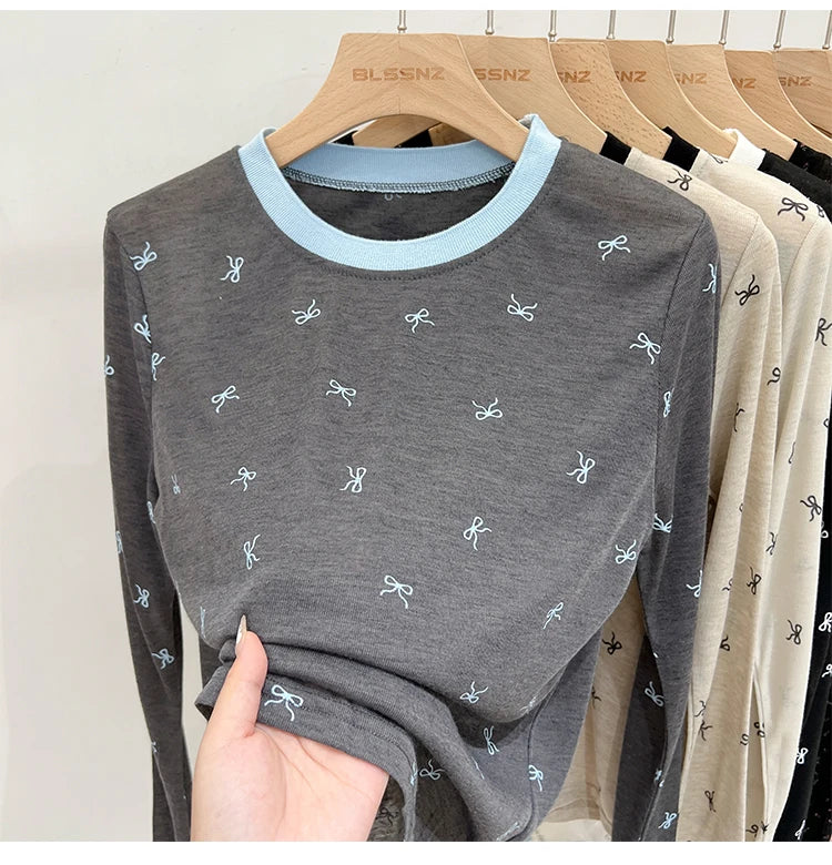 All-Over Bow Print Long Sleeve Top | Women’s Cute Pattern Shirt | Casual Everyday Tee