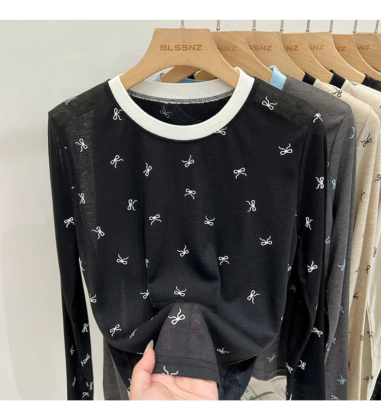 All-Over Bow Print Long Sleeve Top | Women’s Cute Pattern Shirt | Casual Everyday Tee