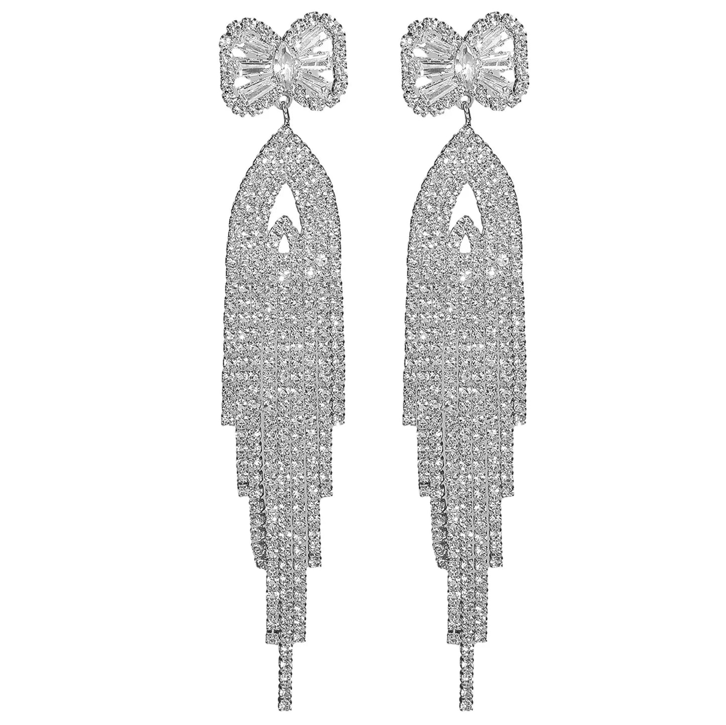 Crystal Bow Tassel Drop Earrings | Glamorous Chandelier Earrings | Statement Party Jewelry
