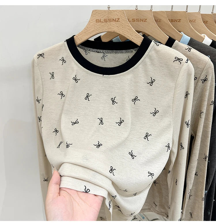 All-Over Bow Print Long Sleeve Top | Women’s Cute Pattern Shirt | Casual Everyday Tee