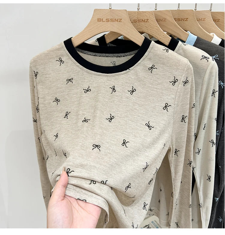 All-Over Bow Print Long Sleeve Top | Women’s Cute Pattern Shirt | Casual Everyday Tee